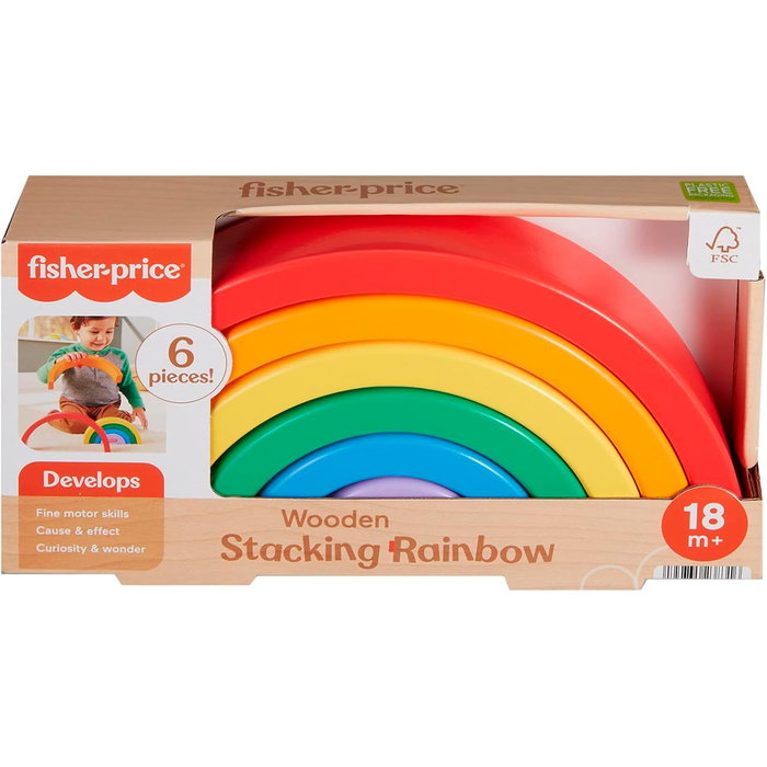 Fisher-Price Arcoíris Apilable De Madera Hxt73 - Jouet d'éveil en bois, arcs à empiler, 6 pièces, couleurs vives, pour enfants dès 18 mois