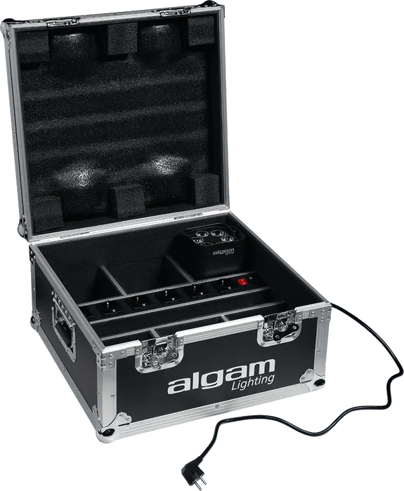 Algamlight Flight Case pour 6 x Eventpar avec station de charge, bois, métal, mousse rigide et roues