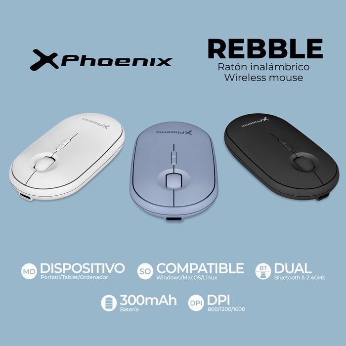 Phoenix Technologies Souris Sans Fil Rebble Bluetooth et 2.4 GHz Bleue - Silencieuse, Légère, Rechargeable USB-C