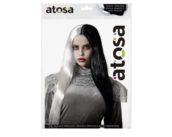 Atosa Perruque Longue Blanche et Noire 60cm avec Raie Centrale