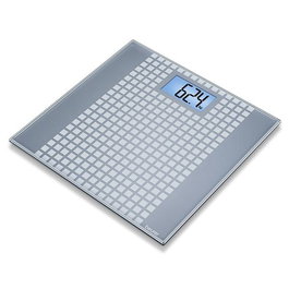 Beurer GS-206 SQUARES Pèse-personne numérique en verre à motifs carrés, écran LCD rétroéclairé bleu, plateforme extra-plate de 1,9 cm