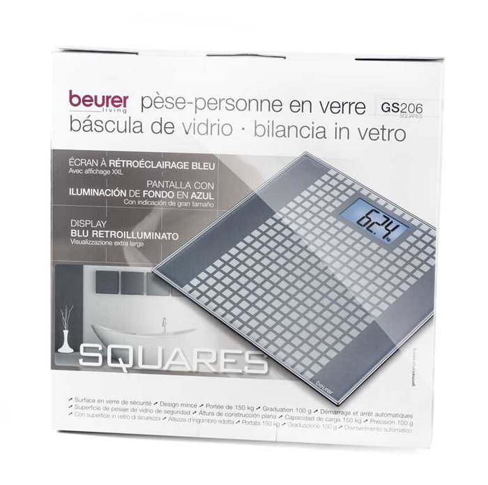 Beurer GS-206 SQUARES Pèse-personne numérique en verre à motifs carrés, écran LCD rétroéclairé bleu, plateforme extra-plate de 1,9 cm
