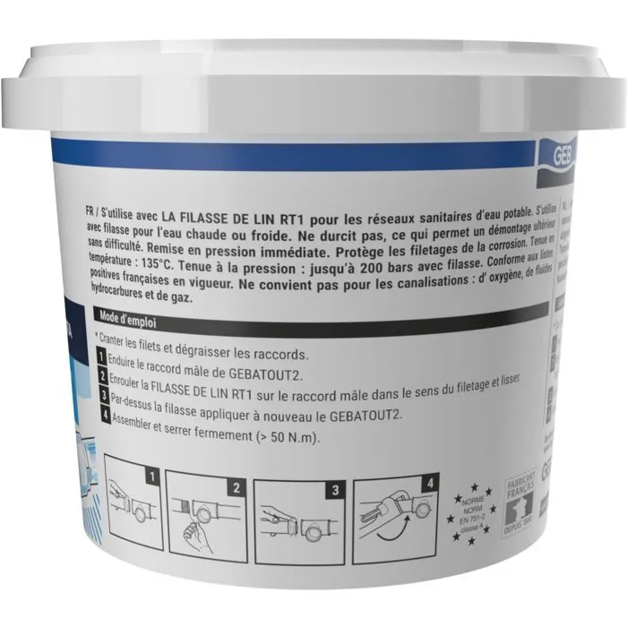 Geb Pâte à joint Gebatout 2, Compatible eau potable, pour étanchéité réseaux sanitaires, Pot 500 g