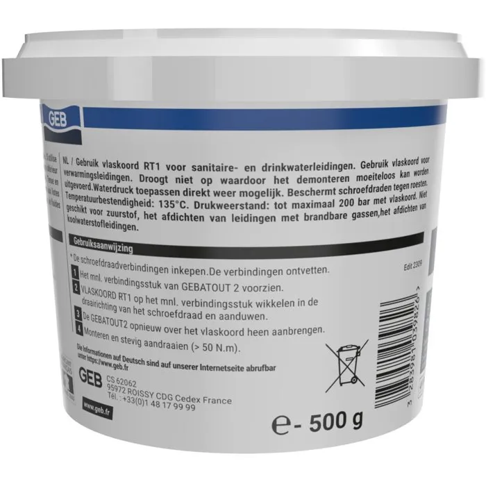 Geb Pâte à joint Gebatout 2, Compatible eau potable, pour étanchéité réseaux sanitaires, Pot 500 g