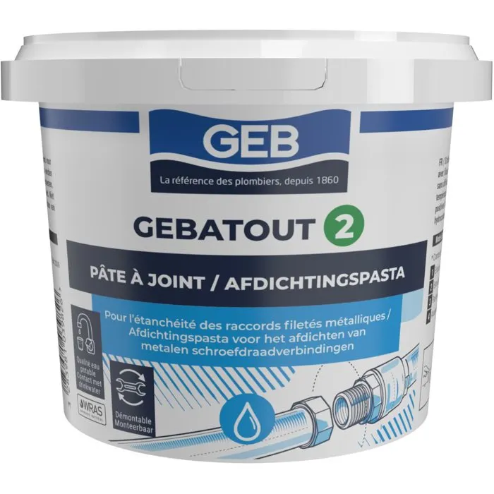 Geb Pâte à joint Gebatout 2, Compatible eau potable, pour étanchéité réseaux sanitaires, Pot 500 g