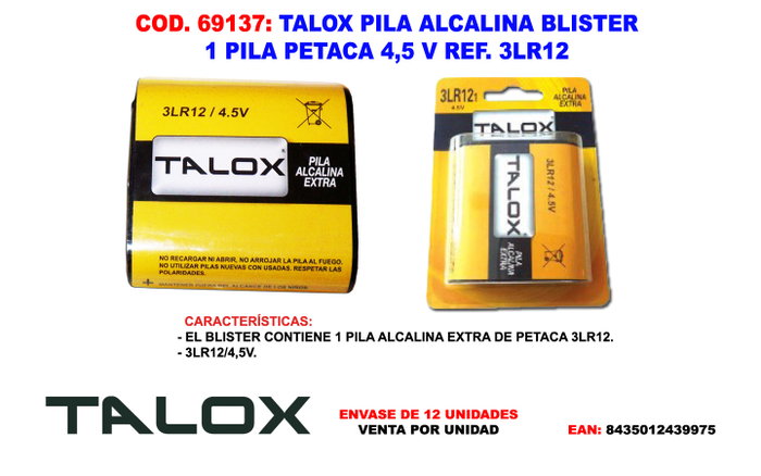 TALOX Pile Alcaline 3LR12 4,5 V (Blister 1 unité) TALOX Pile Alcaline 3LR12 4,5 V (Blister 1 unité)