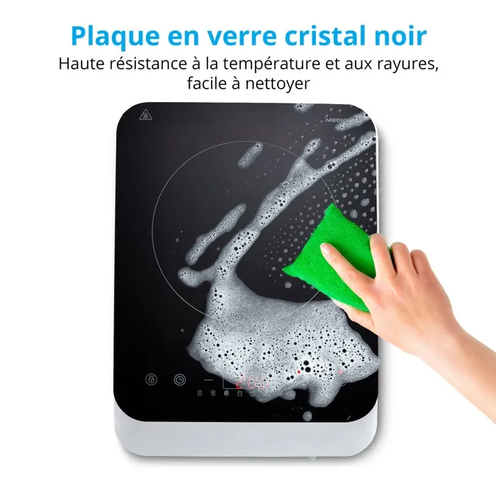 Medion MD18490 - Plaque de cuisson à induction posable 1 feu 2000 W, 8 programmes (60-240°C), dimensions 29 x 38.5 x 6.3 cm, design blanc et noir