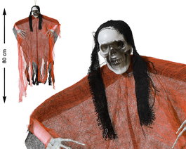 Squelette de décoration suspendu avec cape rouge et cheveux noirs 80 cm pour Halloween et décoration macabre