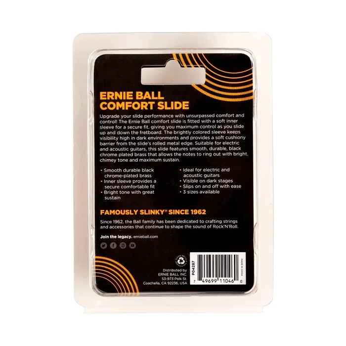 Ernie Ball Slide Comfort - Petite Taille Ernieball pour Guitare Électrique et Acoustique - Finition Chrome Noir
