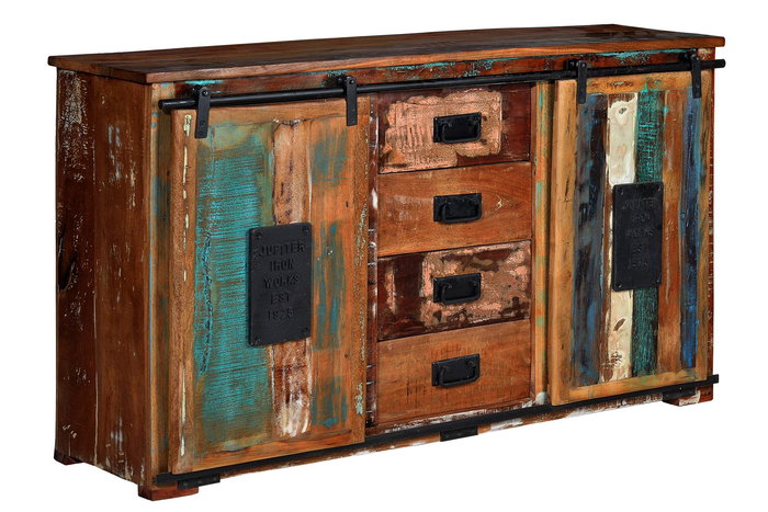 GINER Y COLOMER Buffet Exclusif en Bois Recyclé Multicolore avec 4 Tiroirs, 2 Portes Coulissantes - 130 x 81 x 38 cm