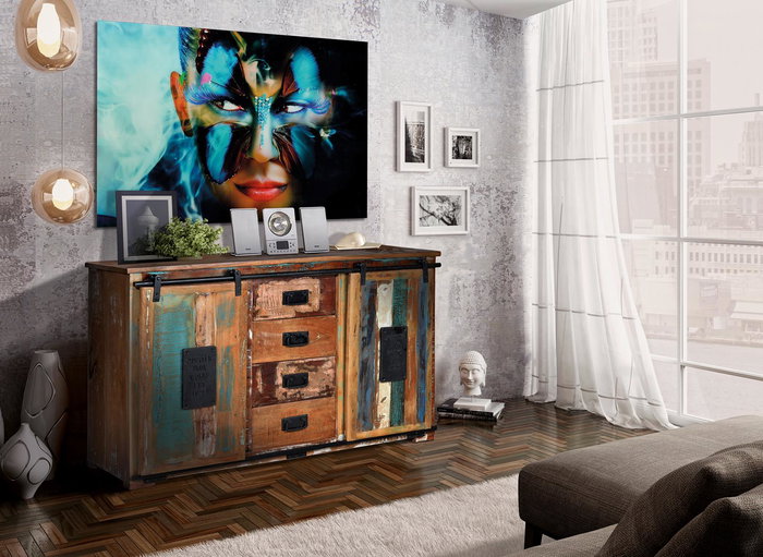 GINER Y COLOMER Buffet Exclusif en Bois Recyclé Multicolore avec 4 Tiroirs, 2 Portes Coulissantes - 130 x 81 x 38 cm