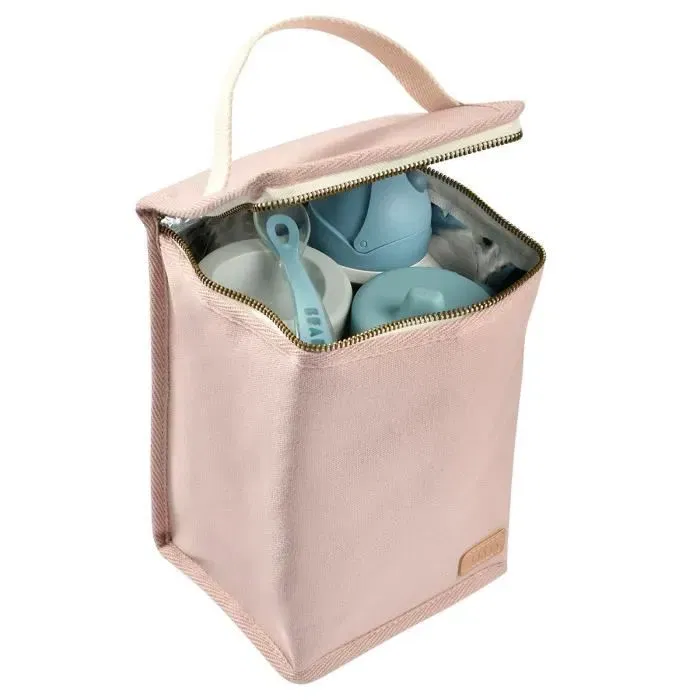 Beaba Pochette Repas Isotherme Bébé Rose Poudré - Grande Capacité, Tissu Imperméable et Anti-Tache