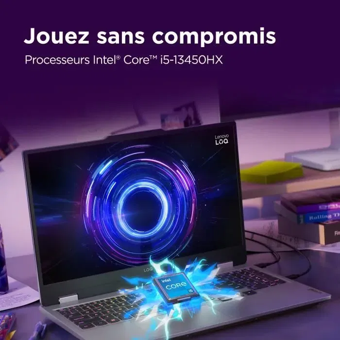 Lenovo LOQ 15IRX10 - PC portable gamer 15" FHD 144 Hz - Processeur Intel Core i5-13450HX, NVIDIA GeForce RTX 5060 100W, 16 Go RAM, 512 Go SSD - Clavier AZERTY (Sans Windows)