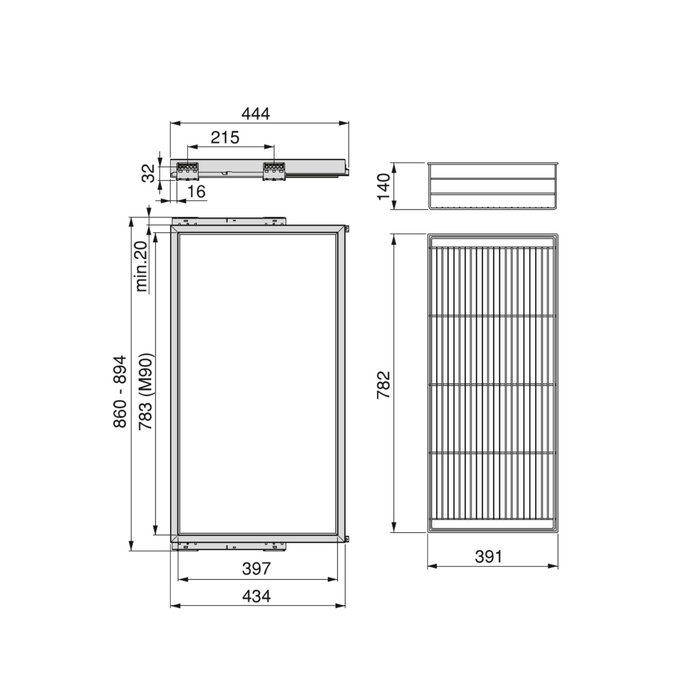 Emuca Kit de panier et cadre coulissant avec fermeture souple pour armoire, réglable, module 900mm, Gris pierre Emuca Kit de panier et cadre coulissant avec fermeture souple pour armoire, réglable, module 900mm, Gris pierre