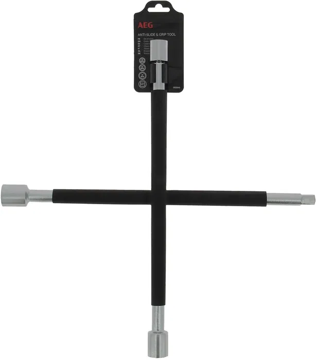 AEG Clé en croix démonte-roue renforcée avec 3 douilles 17/19/21mm et carré 1/2 - Acier inoxydable haute qualité et revêtement mousse antiglisse - Gris