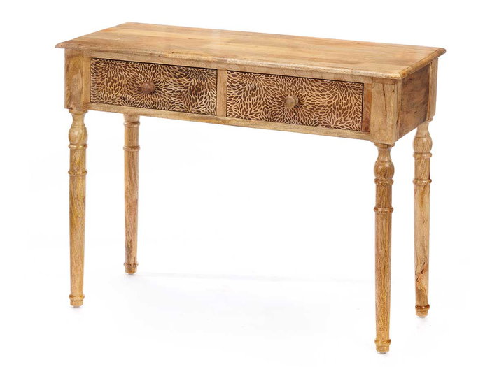 Giftdecor Table d'appoint 2 tiroirs motif feuilles nature 98 x 77 x 42 cm bois manguier marron