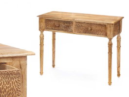 Giftdecor Table d'appoint 2 tiroirs motif feuilles nature 98 x 77 x 42 cm bois manguier marron