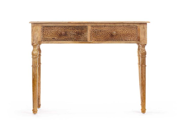 Giftdecor Table d'appoint 2 tiroirs motif feuilles nature 98 x 77 x 42 cm bois manguier marron