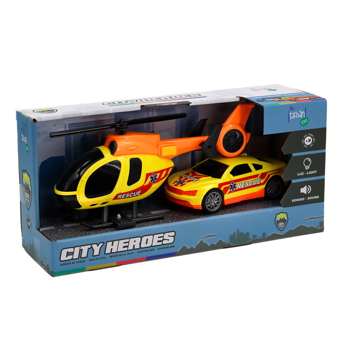 TACHAN Hélicoptère et Voiture de Secours avec Lumières et Sons - Jouet de Sauvetage de Ville - Échelle 1:14 - Pour Enfants de +3 Ans
