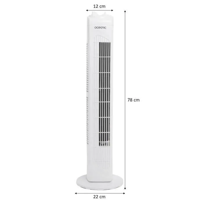 Oceanic - Ventilateur colonne, 40W, Hauteur 78 cm, 3 vitesses, Oscillant, Minuterie, Blanc
