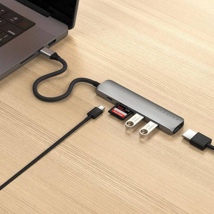 Satechi 6-en-1 Adaptateur USB-C Multiport Slim - HDMI 4K, Charge PD 100W, Ethernet Gigabit, Ports USB-A - Gris Sidéral