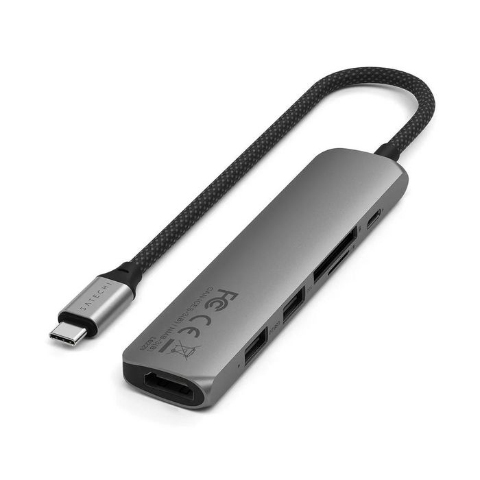 Satechi 6-en-1 Adaptateur USB-C Multiport Slim - HDMI 4K, Charge PD 100W, Ethernet Gigabit, Ports USB-A - Gris Sidéral