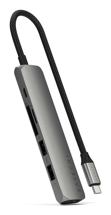 Satechi 6-en-1 Adaptateur USB-C Multiport Slim - HDMI 4K, Charge PD 100W, Ethernet Gigabit, Ports USB-A - Gris Sidéral