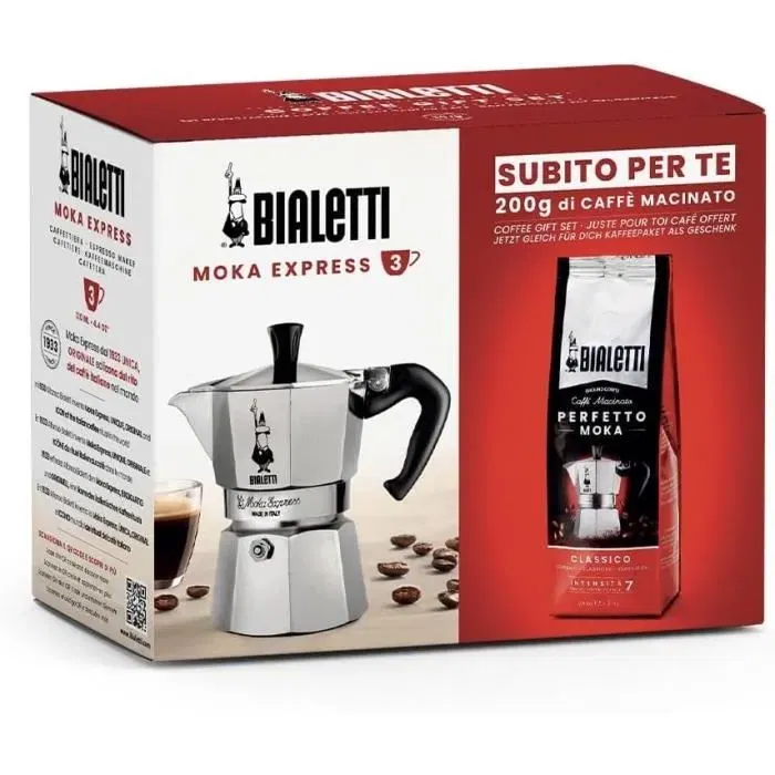 Bialetti - Cafetière Moka Italienne 3 tasses (0,30 L) Argent avec 250 g de Café Perfetto Moka Classico
