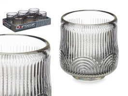 Giftdecor Porte-bougie Rond Rayé Gris Verre 7,5x7,5x7,8 cm (Set de 12)