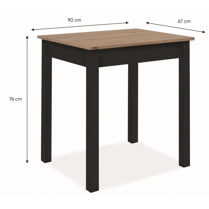Table à Manger CAPRI Carré 4 Personnes 90x67x76 cm – Chêne Artisan & Noir