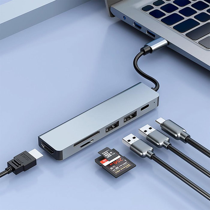 Coolbox MiniDock C61 Hub USB-C Aluminium 6-en-1 HDMI 4K PD 100W Lecteur SD Gris