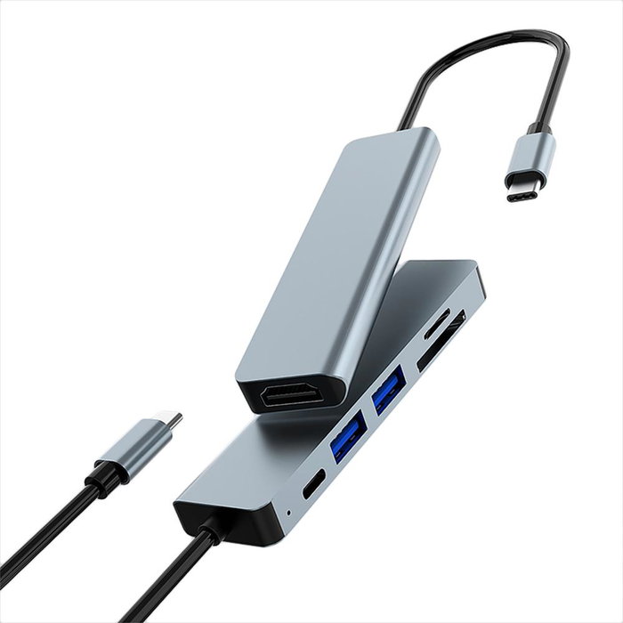 Coolbox MiniDock C61 Hub USB-C Aluminium 6-en-1 HDMI 4K PD 100W Lecteur SD Gris