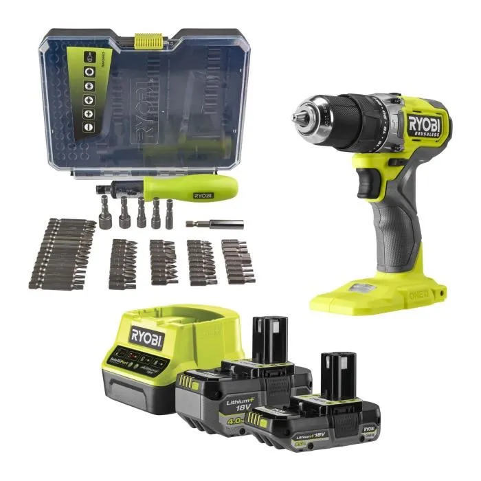 Ryobi Perceuse-visseuse à percussion sans balai (Brushless) 18V 54 Nm 450-1700 tr/min 27200 cp/min avec 2 batteries et chargeur Ryobi Perceuse-visseuse à percussion sans balai (Brushless) 18V 54 Nm 450-1700 tr/min 27200 cp/min avec 2 batteries et chargeur