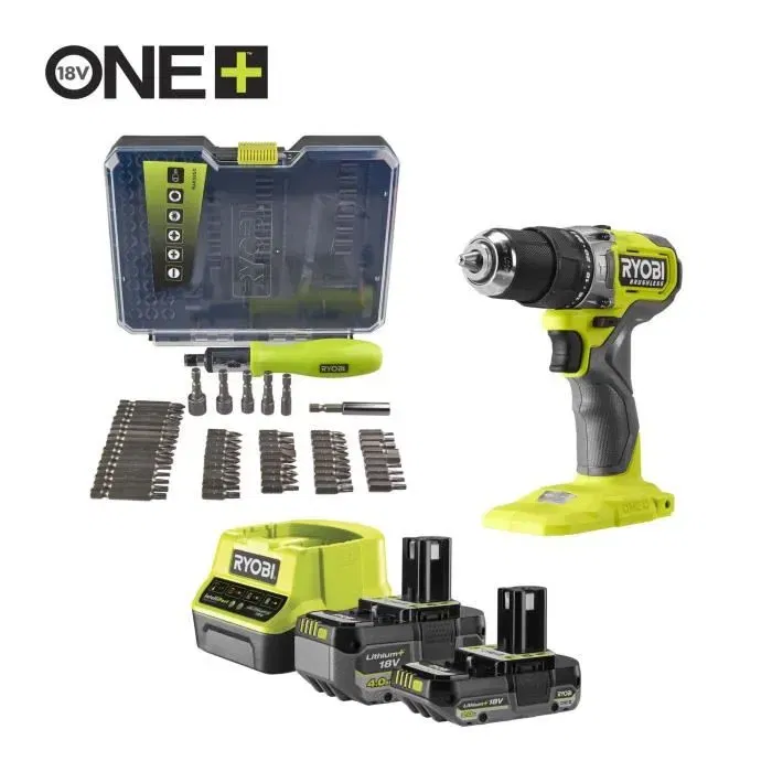 Ryobi Perceuse-visseuse à percussion sans balai (Brushless) 18V 54 Nm 450-1700 tr/min 27200 cp/min avec 2 batteries et chargeur Ryobi Perceuse-visseuse à percussion sans balai (Brushless) 18V 54 Nm 450-1700 tr/min 27200 cp/min avec 2 batteries et chargeur