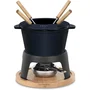 La Fonderie 1890 - Fondue en fonte émaillée Mont d'Arbois, 1.2 L pour 4 personnes, socle bois, compatible lave-vaisselle et tous feux (électrique, induction, gaz, four), bleu