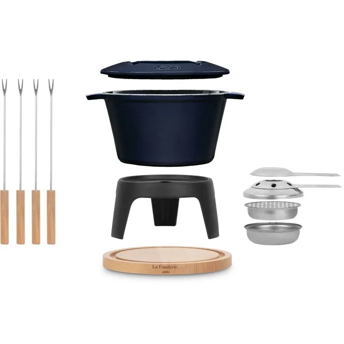 La Fonderie 1890 - Fondue en fonte émaillée Mont d'Arbois, 1.2 L pour 4 personnes, socle bois, compatible lave-vaisselle et tous feux (électrique, induction, gaz, four), bleu