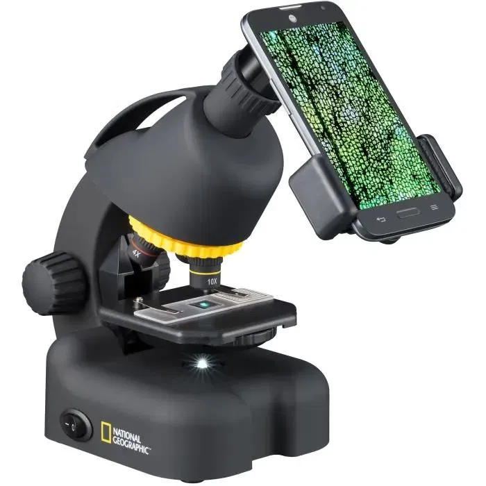 Bresser Microscope pour Enfant National Geographic, Grossissement 40-640x, avec Adaptateur pour Smartphone et Éclairage LED