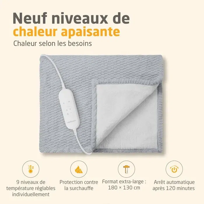 Medisana HB 416 Couverture chauffante réversible 9 réglages 120 W Polaire et fausse fourrure 180 x 130 cm Gris