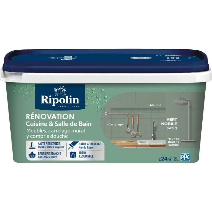 Ripolin - Peinture Rénovation Vert nobile Satiné 2L - Pour cuisine, salle de bain et meubles - Haute résistance aux taches et lessivable - Anti-moisissure