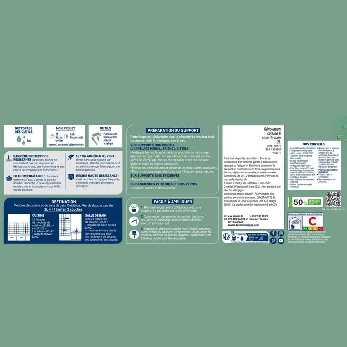Ripolin - Peinture Rénovation Vert nobile Satiné 2L - Pour cuisine, salle de bain et meubles - Haute résistance aux taches et lessivable - Anti-moisissure
