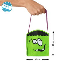 Sac en tissu vert avec anse et motif monstre pour bonbons, 16 cm - Accessoire Halloween pour enfants