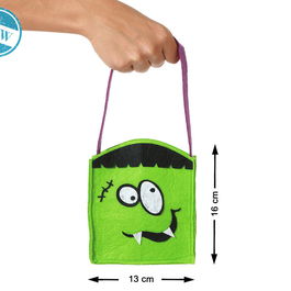 Sac en tissu vert avec anse et motif monstre pour bonbons, 16 cm - Accessoire Halloween pour enfants