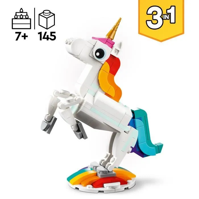 LEGO Creator 3-en-1 31140 La Licorne Magique, Jouet de Construction avec 3 Figurines d'Animaux à Transformer: Licorne, Hippocampe, Paon