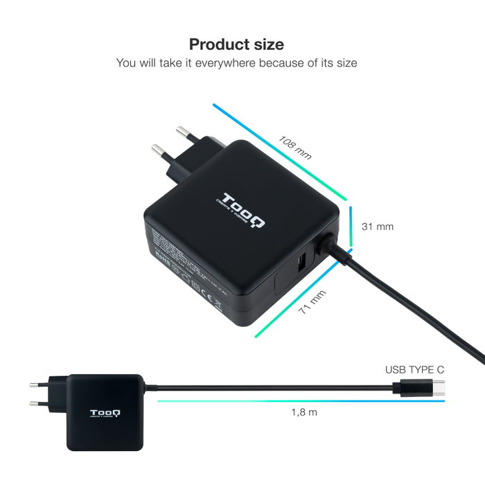 TooQ TQLC-USBC65PD Chargeur Portable USB-C 65W Power Delivery Noir
