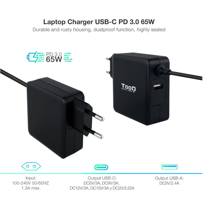 Chargeur d'ordinateur portable TooQ TQLC-USBC65PD 65 W