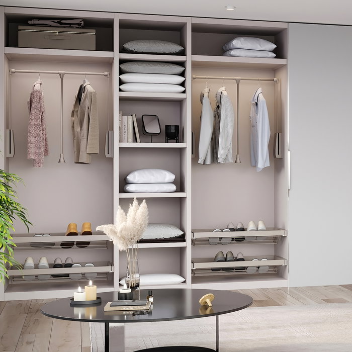 Emuca Penderie rabattable pour armoire Hang, 600 - 830, Peint gris pierre, Acier et Plastique.