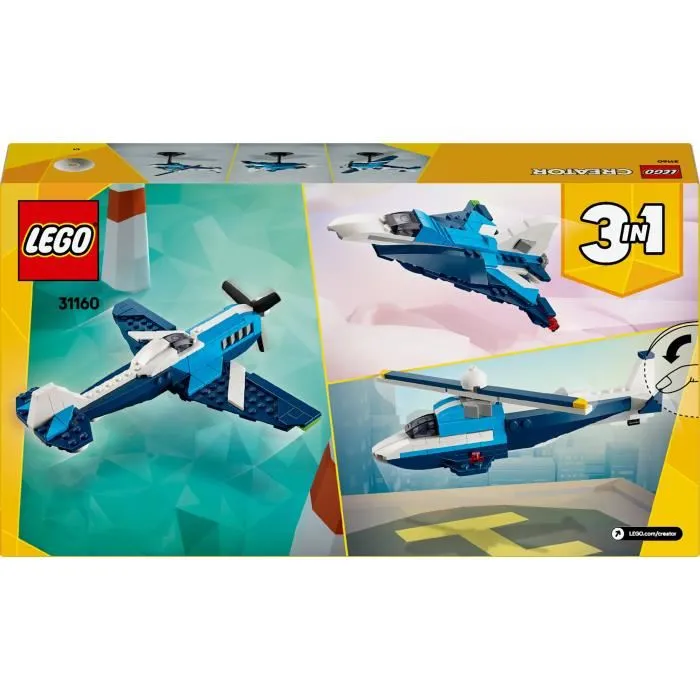 Lego Creator 31160 3-en-1 Aeronef Jeu de Construction - Avion de Course, Avion a Reaction ou Helicoptere - 178 Pieces - Pour Enfants a Partir de 7 Ans