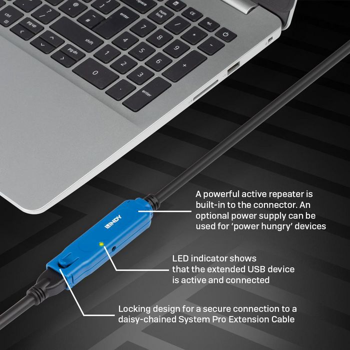 Lindy Câble d'extension actif USB 3.0 Pro, 20 mètres, pour connexion longue distance et transfert à 5 Gbps