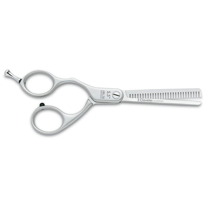 Tres Claveles Tijera de coiffure sculptante pour gaucher Duraluminio Left ES-28 5.5" - Acier inoxydable, 28 dents, 3 lames, manche aluminium léger Tres Claveles Tijera de coiffure sculptante pour gaucher Duraluminio Left ES-28 5.5" - Acier inoxydable, 28 dents, 3 lames, manche aluminium léger