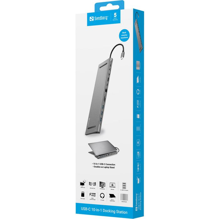 Sandberg Station d'accueil USB-C 10-en-1 avec Ports HDMI, VGA, Ethernet, USB-A, Alimentation 100 W et Support pour PC Portable